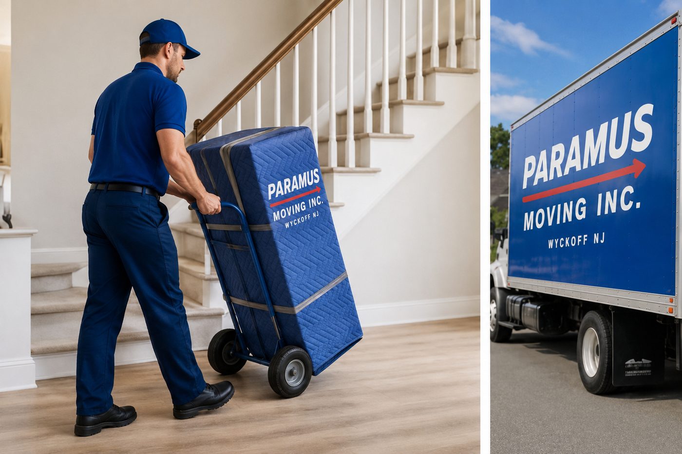 A wrapped piece on a hand truck beside a moving truck