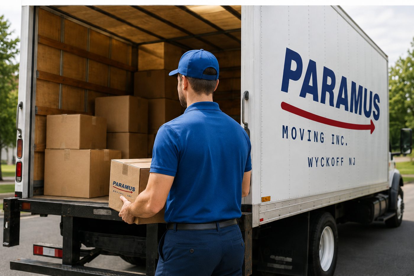 A mover loading branded boxes into the truck