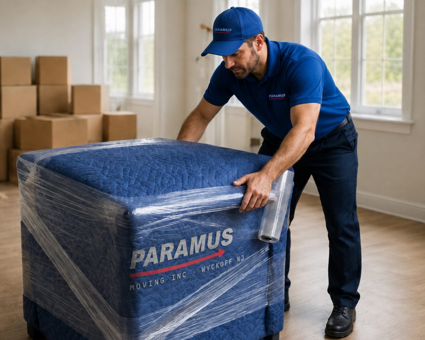 Movers shrink-wrapping a pad-wrapped piece before loading